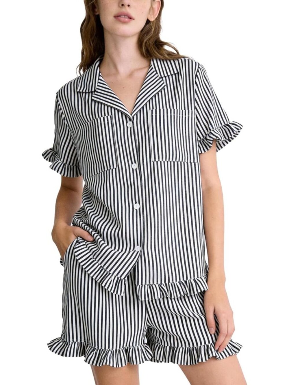 Cozy Striped Cotton Pajama Set | Ruffle Short Sleeve Sleepwear for Women